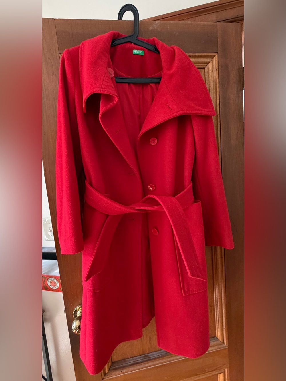 United Colors Of Benetton Red Wool Belted Pea Coat